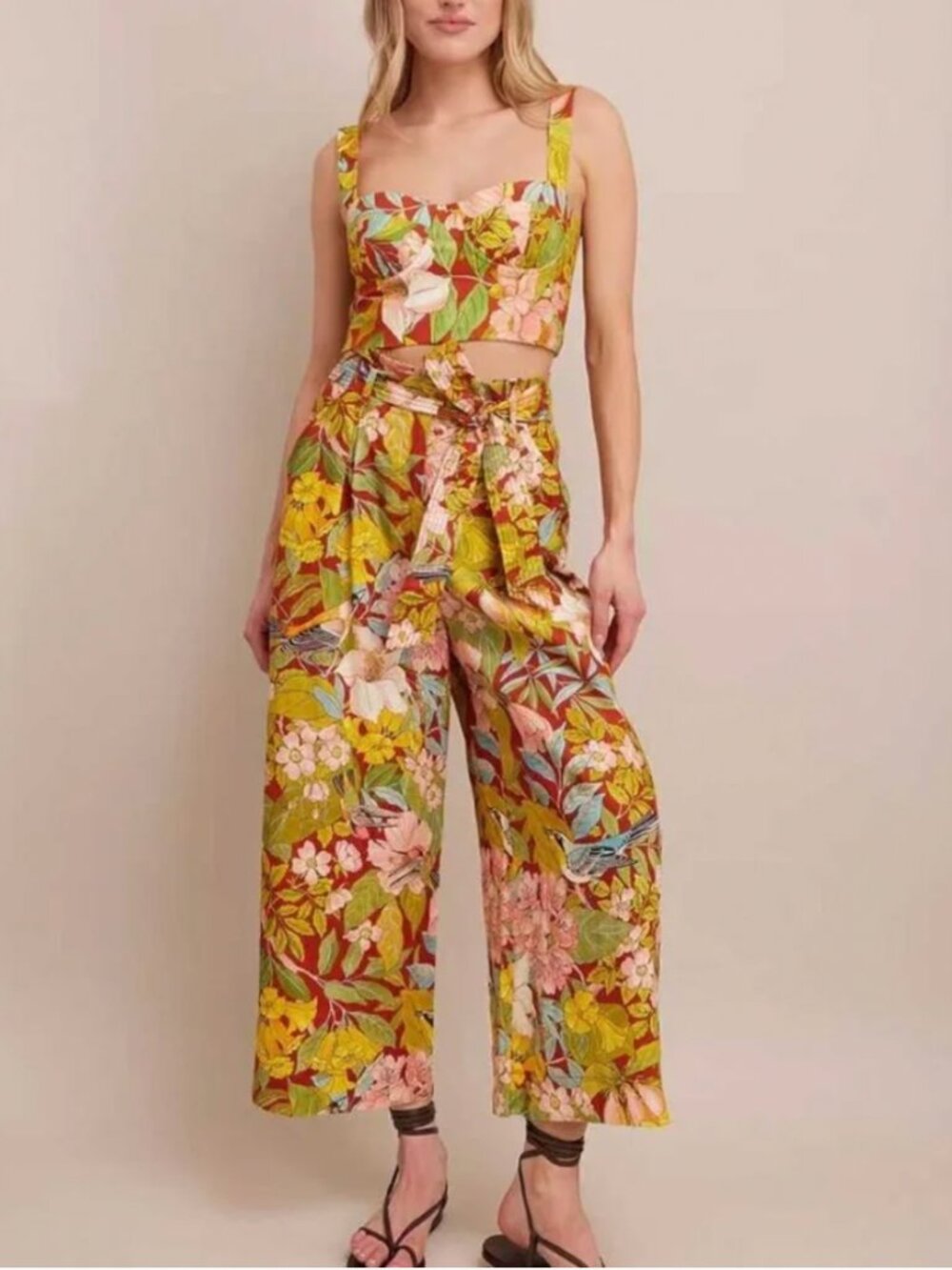 NWT Cara Cara Claudine Cropped Top & Palmer Pants Set Newberry Tropic Clay Linen